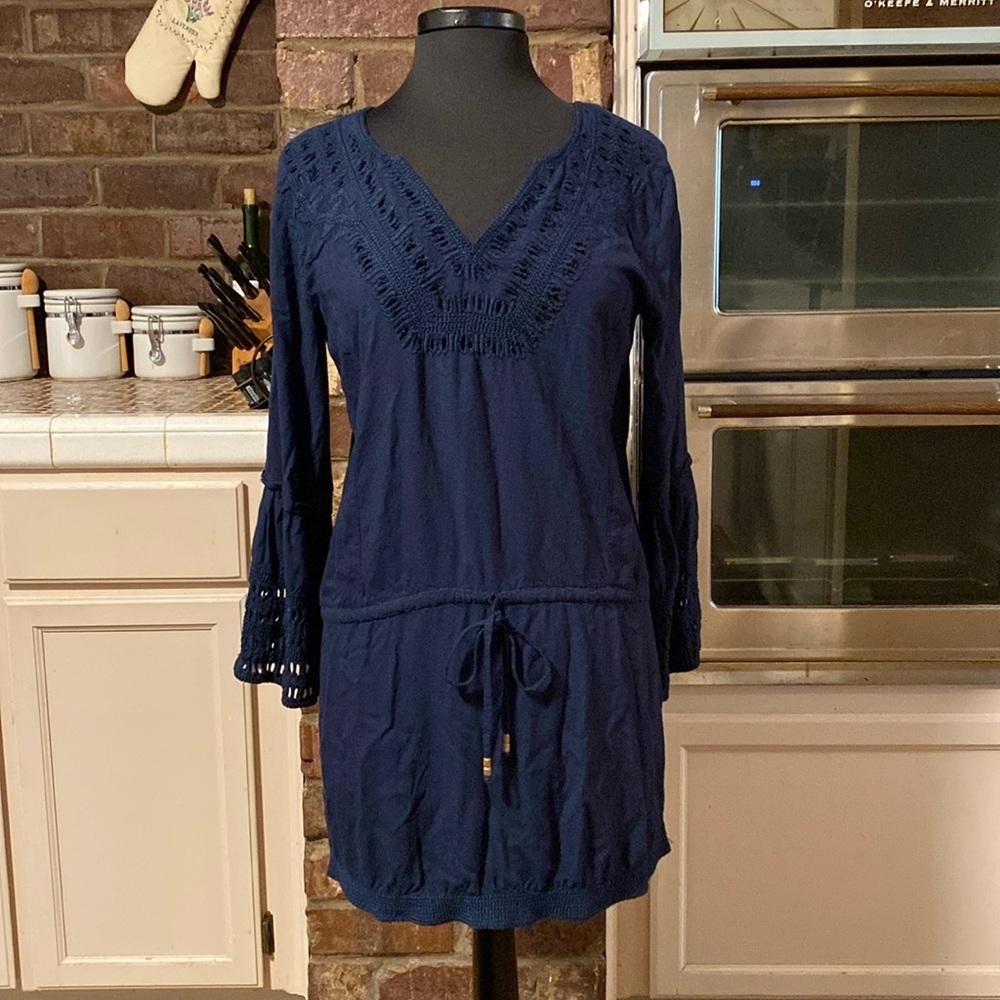 Blue Island navy embroidered shirt tail hem tie waist bell‎ sleeve dress